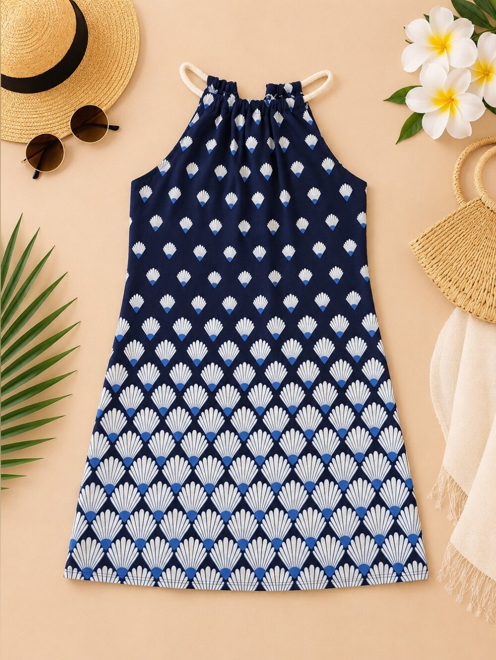 Navy Shell-Print Halter Dress with Rope Straps